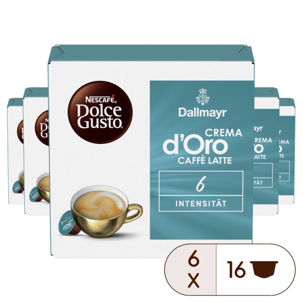 DALLMAYR CREMA D'ORO CAFFÉ LATTE Vorteilspack 6 Packungen vorne | Nescafé Dolce Gusto