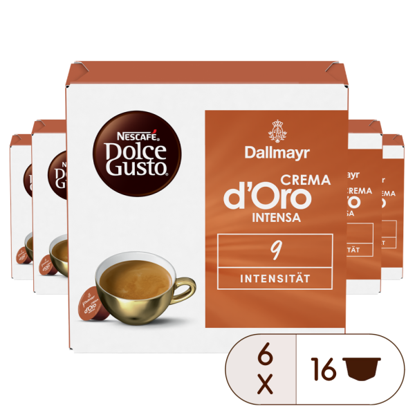 Dallmayr Crema d'Oro Intensa Vorteilspack 6 Packungen vorne | Nescafé Dolce Gusto